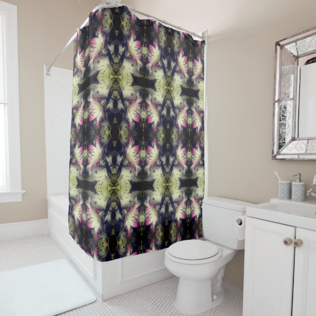 Lily Flowers Black And White Partial Pattern Shower Curtain (In Situ)