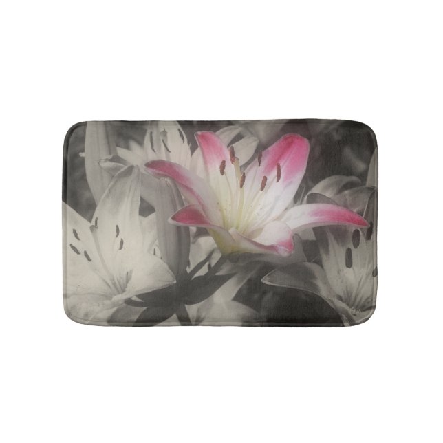 Lily Flowers In Black And White Bath Mat (Front)