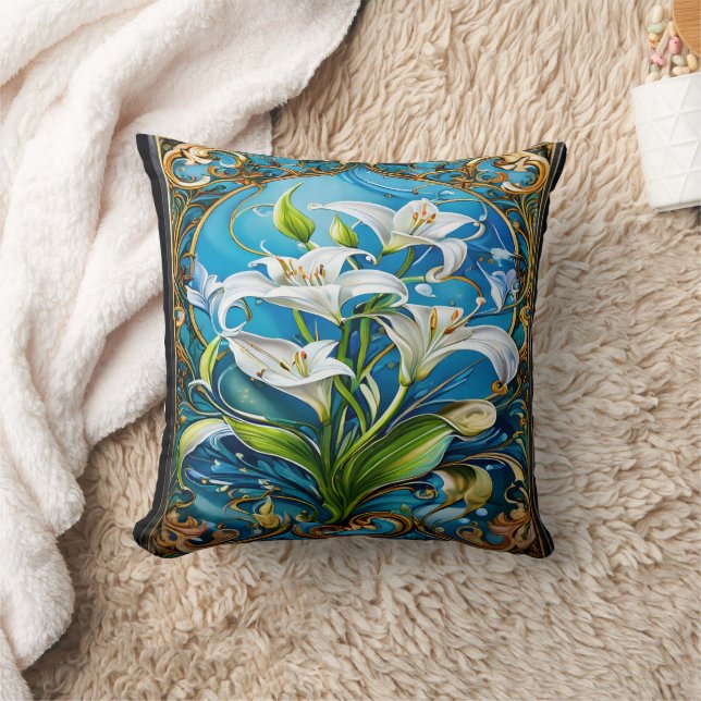 Lily Flowers in Ornate Floral Design Cushion (Blanket)