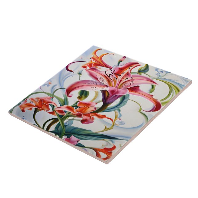 Lily Flowers in Vibrant Colours on Light Backgroun Ceramic Tile (Side)