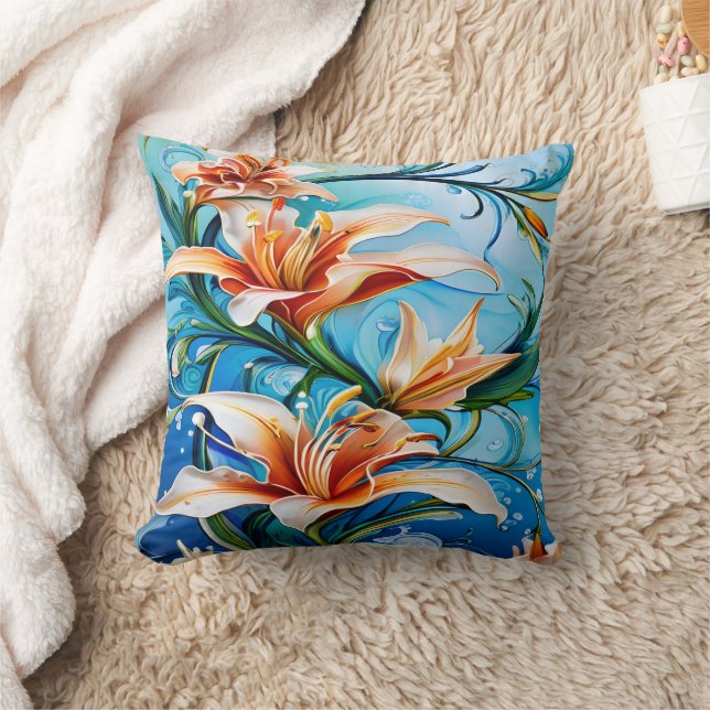 Lily Flowers on Blue Floral Background Cushion (Blanket)