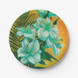 Lily Flowers Palm Leaf, Spring Floral Art Painting Paper Plate
