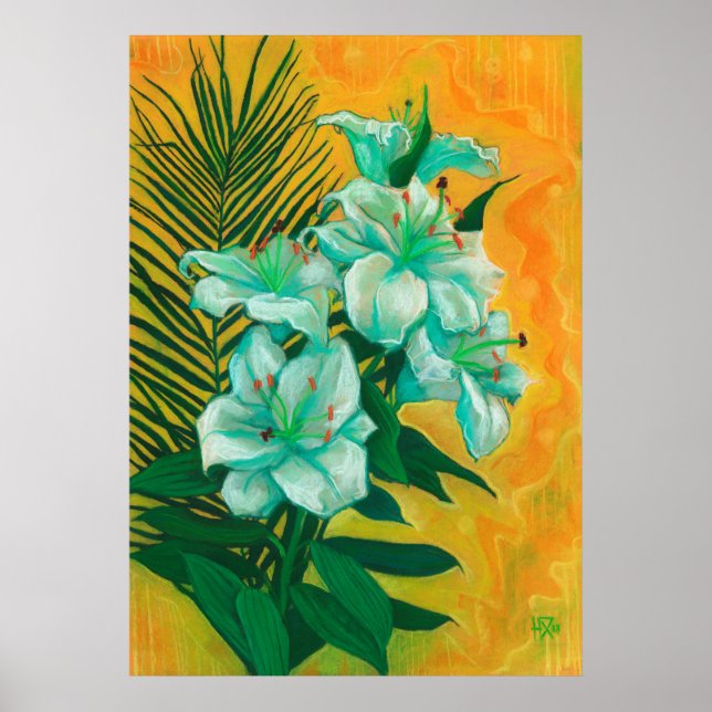 Lily Flowers Palm Leaf, Spring Floral Art Painting Poster (Front)