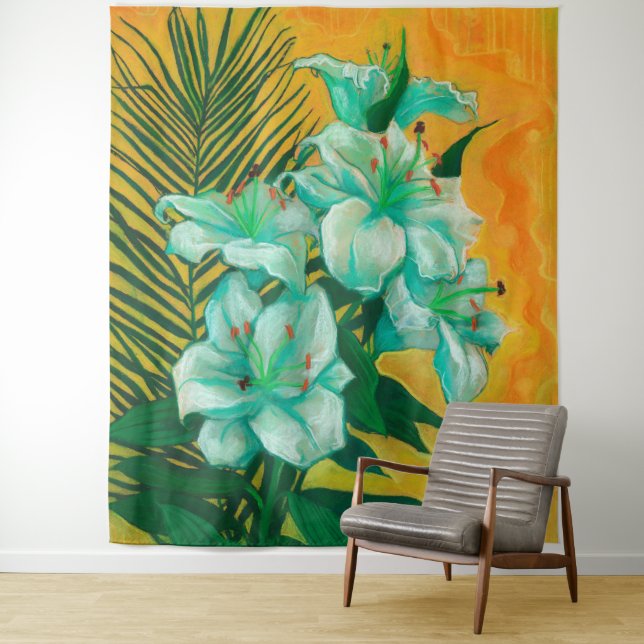 Lily Flowers Palm Leaf, Spring Floral Art Painting Tapestry (In Situ)