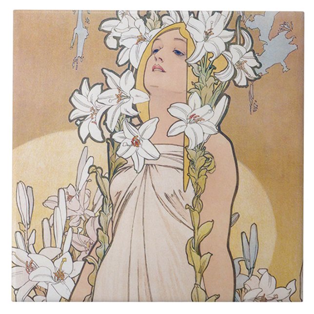 Lily (Four Flowers), Alphonse Mucha Ceramic Tile (Front)