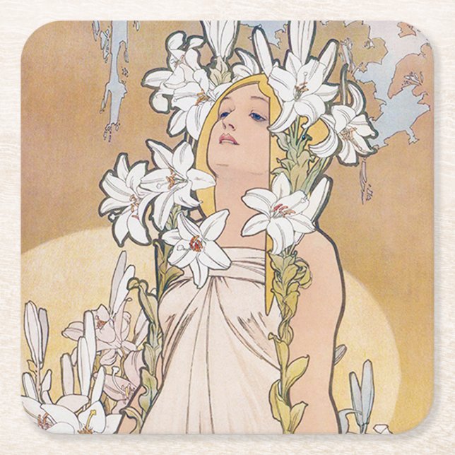 Lily (Four Flowers), Alphonse Mucha Square Paper Coaster (Front)