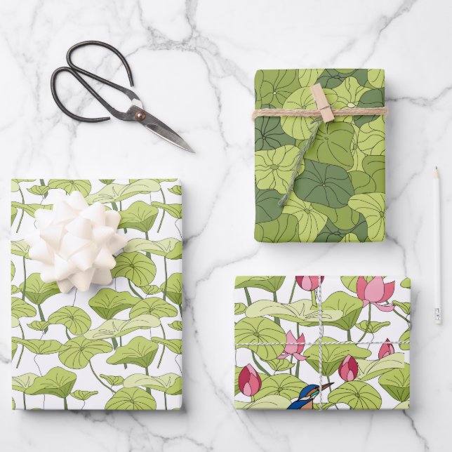 Lily lotus plants kingfisher green patterns wrapping paper sheet (Front)