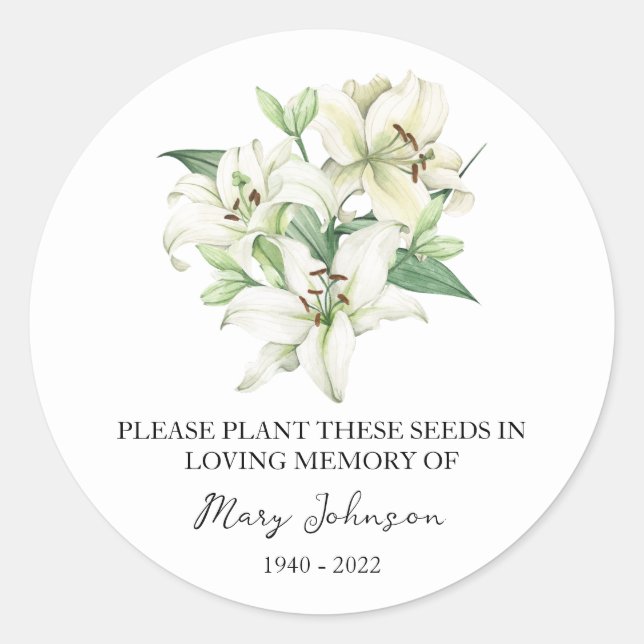 Lily Memorial Funeral Seed Packet Classic Round Sticker (Front)