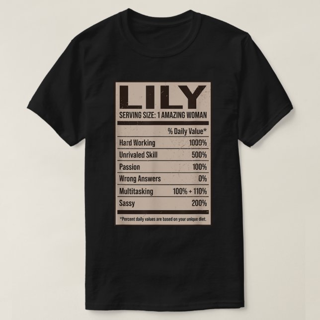Lily Nutrition Facts Name Nickname Alias Title Fri T-Shirt (Design Front)