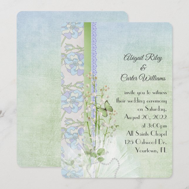 lily of the valley and butterfly with pearls invitation (Front/Back)