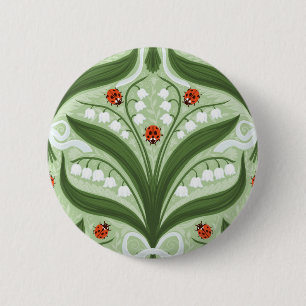 Lily of the valley and ladybugs symmetry in green, 6 cm round badge