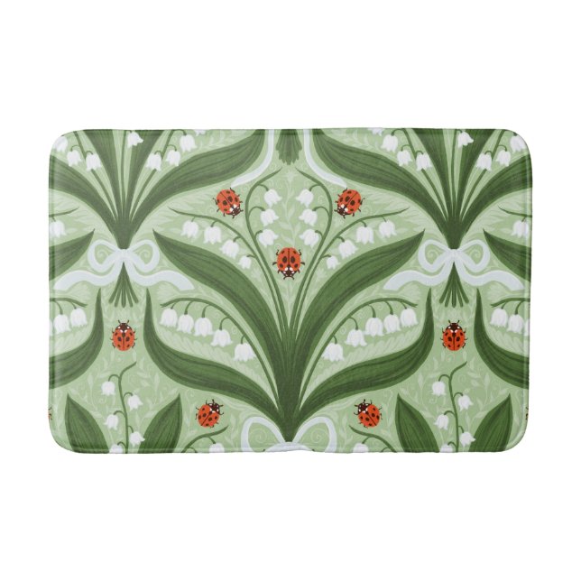 Lily of the valley and ladybugs symmetry in green, bath mat (Front)
