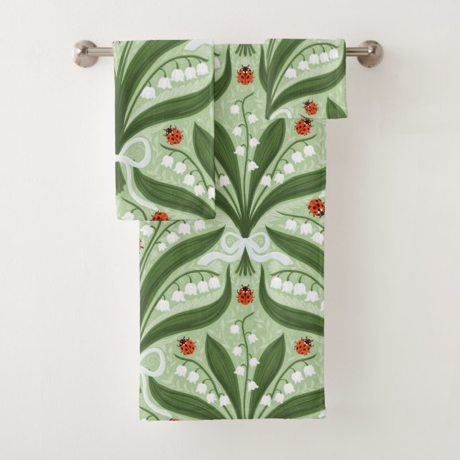 Lily of the valley and ladybugs symmetry in green, bath towel set (Insitu)