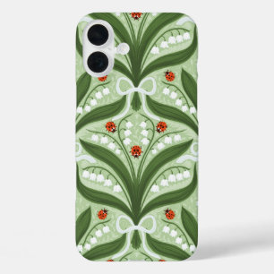 Lily of the valley and ladybugs symmetry in green, iPhone 16 plus case
