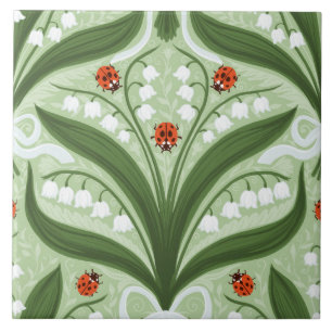 Lily of the valley and ladybugs symmetry in green, ceramic tile
