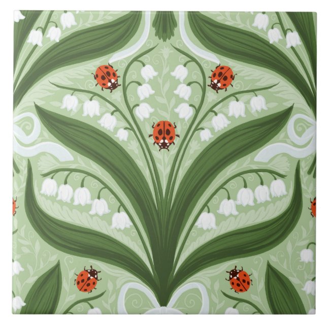 Lily of the valley and ladybugs symmetry in green, ceramic tile (Front)