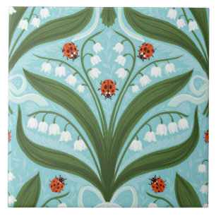 Lily of the valley and ladybugs symmetry in green, ceramic tile