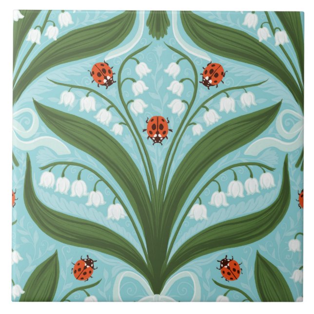 Lily of the valley and ladybugs symmetry in green, ceramic tile (Front)
