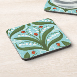 Lily of the valley and ladybugs symmetry in green, coaster