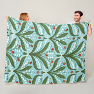 Lily of the valley and ladybugs symmetry in green, fleece blanket