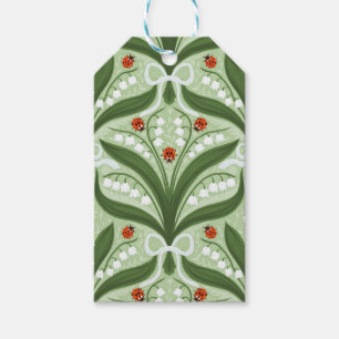 Lily of the valley and ladybugs symmetry in green, gift tags