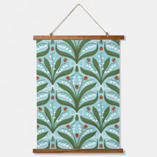 Lily of the valley and ladybugs symmetry in green, hanging tapestry