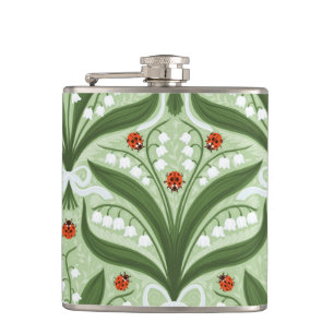 Lily of the valley and ladybugs symmetry in green, hip flask