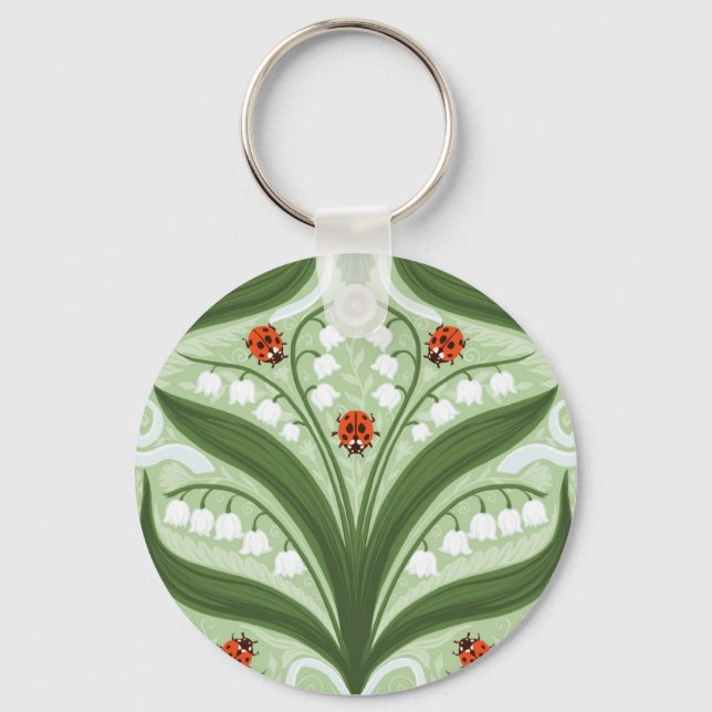 Lily of the valley and ladybugs symmetry in green, key ring (Front)