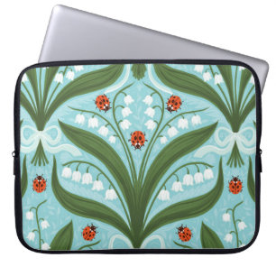 Lily of the valley and ladybugs symmetry in green, laptop sleeve
