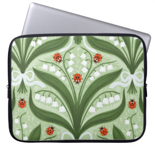 Lily of the valley and ladybugs symmetry in green, laptop sleeve