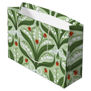 Lily of the valley and ladybugs symmetry in green, large gift bag