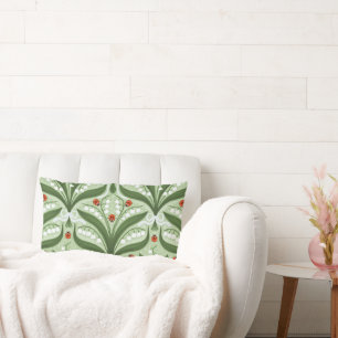 Lily of the valley and ladybugs symmetry in green, lumbar cushion