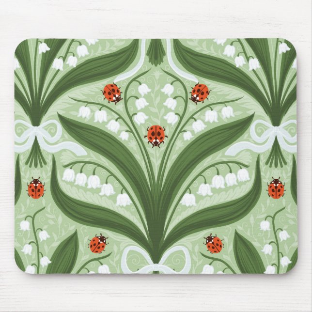 Lily of the valley and ladybugs symmetry in green, mouse pad (Front)