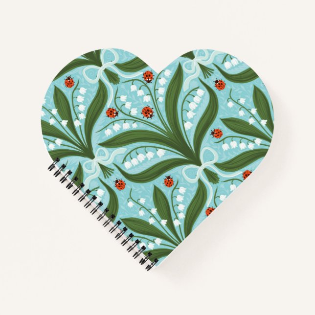 Lily of the valley and ladybugs symmetry in green, notebook (Front)