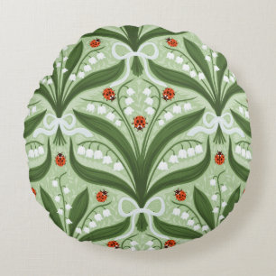 Lily of the valley and ladybugs symmetry in green, round cushion