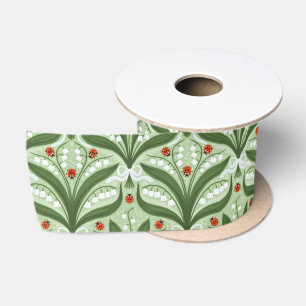 Lily of the valley and ladybugs symmetry in green, satin ribbon