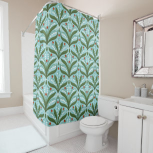 Lily of the valley and ladybugs symmetry in green, shower curtain