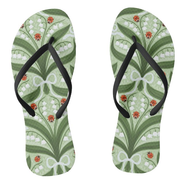 Lily of the valley and ladybugs symmetry in green, thongs (Footbed)