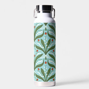 Lily of the valley and ladybugs symmetry in green, water bottle