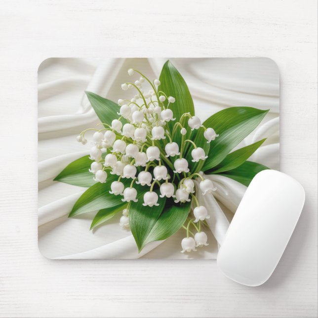 Lily of the Valley Bouquet On White Satin Mouse Pad (With Mouse)