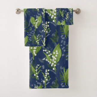 Lily of the Valley Dark Blue Background Bath Towel Set
