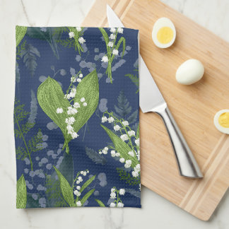 Lily of the Valley Dark Blue Background Tea Towel