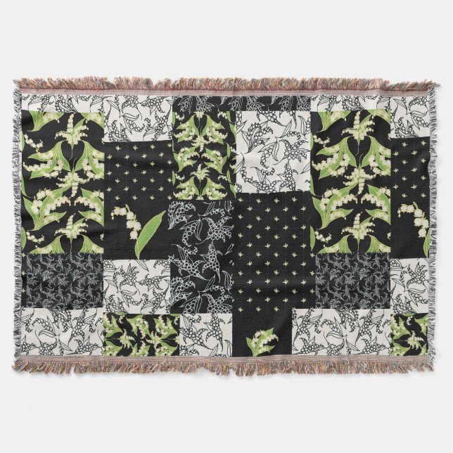 Lily-of-the-Valley Faux Patchwork Black Throw Blanket (Front)