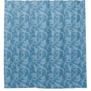 Lily-of-the-Valley Floral Motif White on Blue Shower Curtain