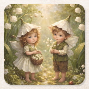 Lily of the Valley Forest Fairies Square Paper Coaster