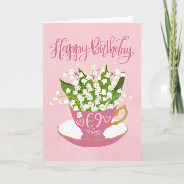Lily of the Valley Teacup 69th Birthday Card (Front)
