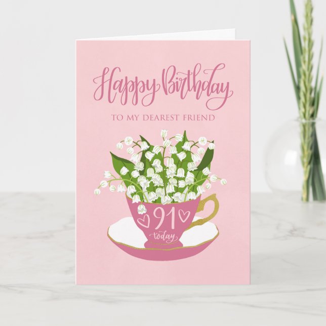 Lily of the Valley Teacup 91st Birthday Friend Card (Front)