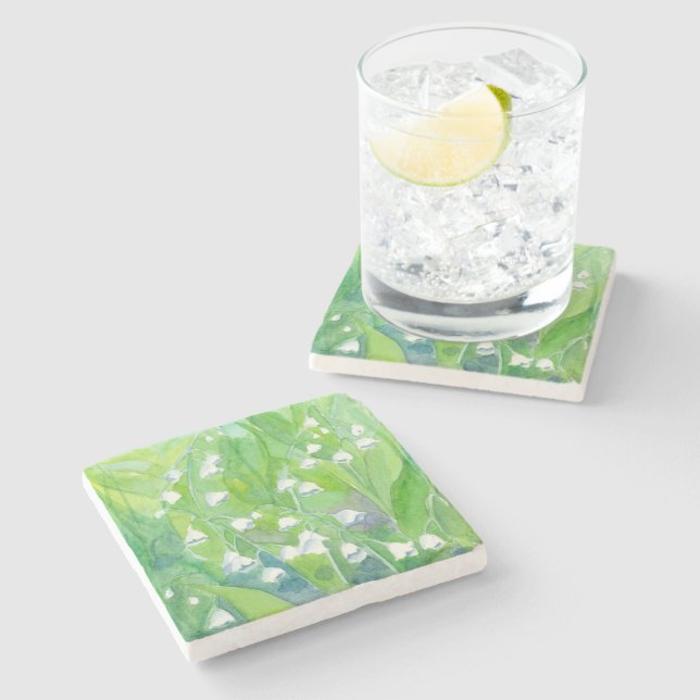 Lily of the Valley Watercolor Flower Painting Stone Coaster (Side)