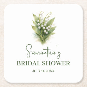Lily of the Valley White Floral Bridal Shower Square Paper Coaster