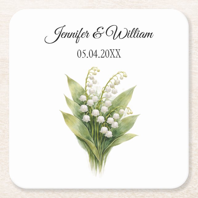 Lily Of The Valley White Floral Wedding Square Paper Coaster (Front)